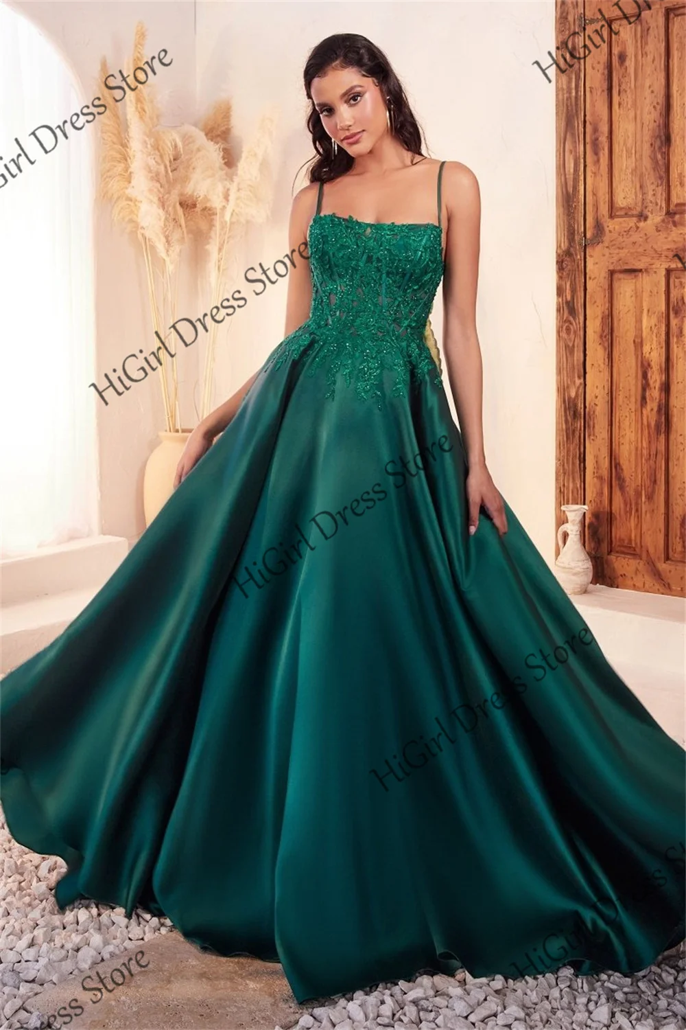 

Satin Spaghetti Straps Strapless Prom Dresses Sparkly Corset Lace Appliques Evening Gowns Sleeveless A-line Long Formal Party