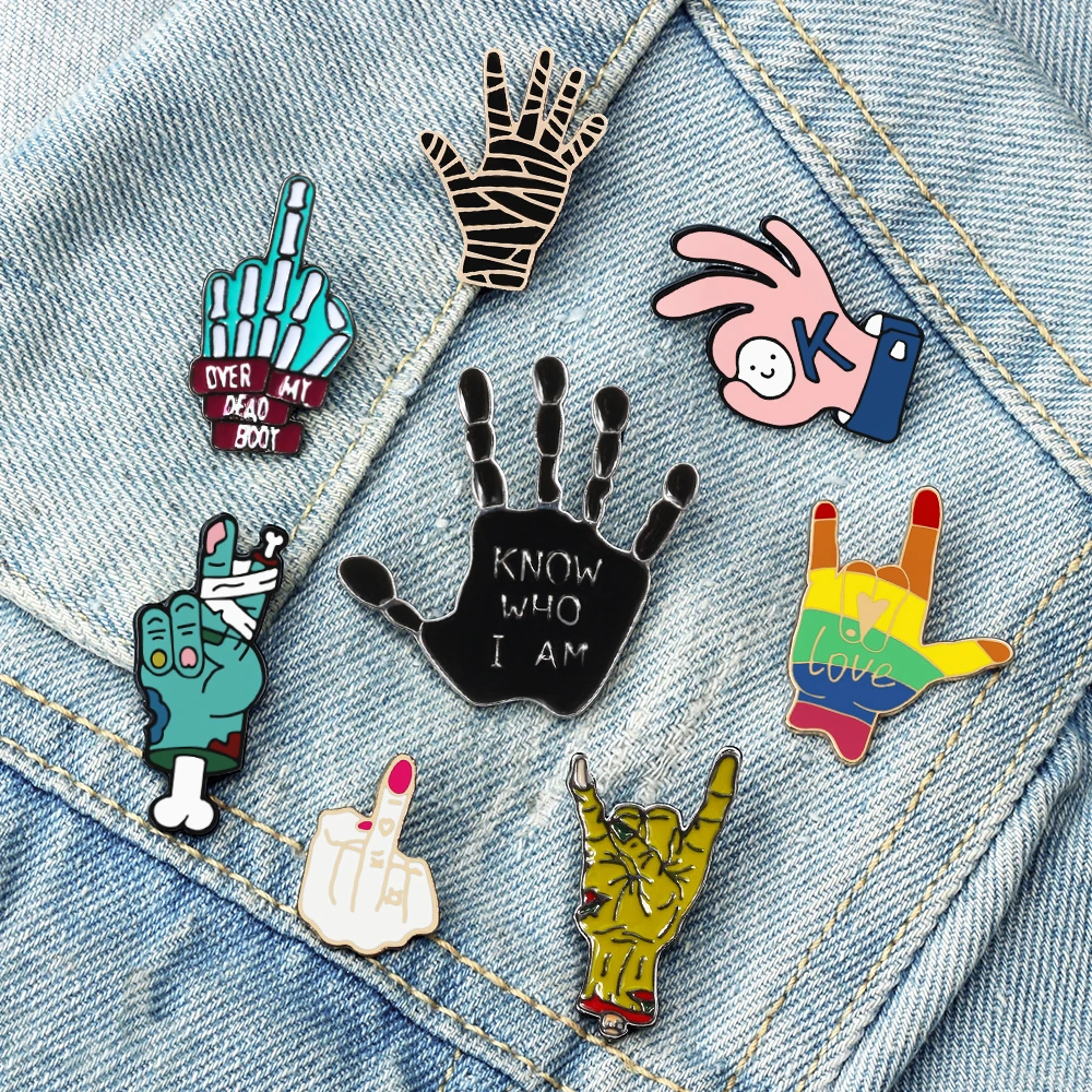 Punk Hand Palm Brooch OK Rock Love Yeah Despise Gesture Enamel Badge Creative Skull Lapel Pins Cartoon Bag Jewelry Friends Gifts