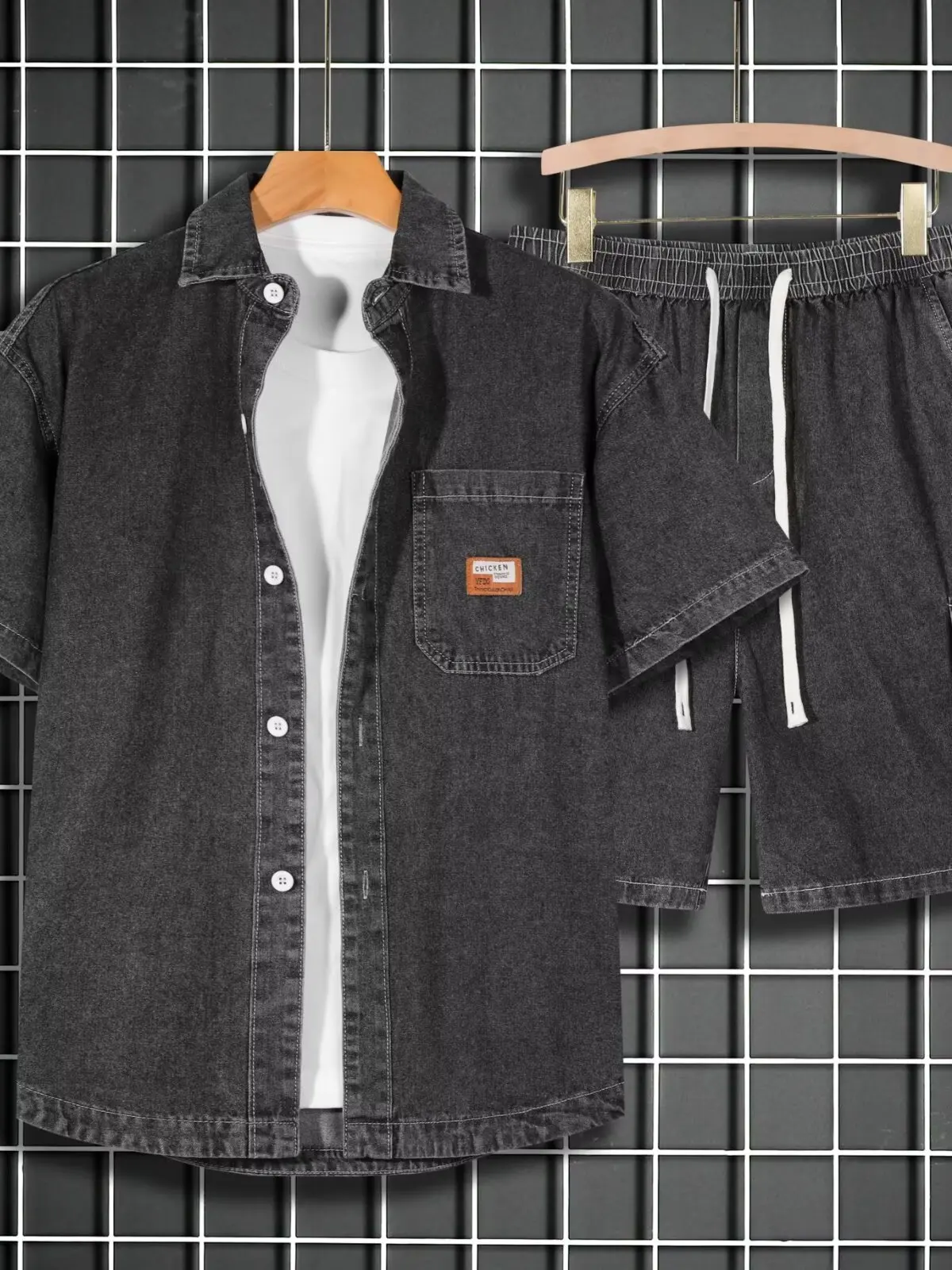 

plus Size Men's Denim Short Sleeve Shirt Casual Summer Outfit Two-Piece Set Straight Leg Jeans Loose Fit mid Waist Short Pants