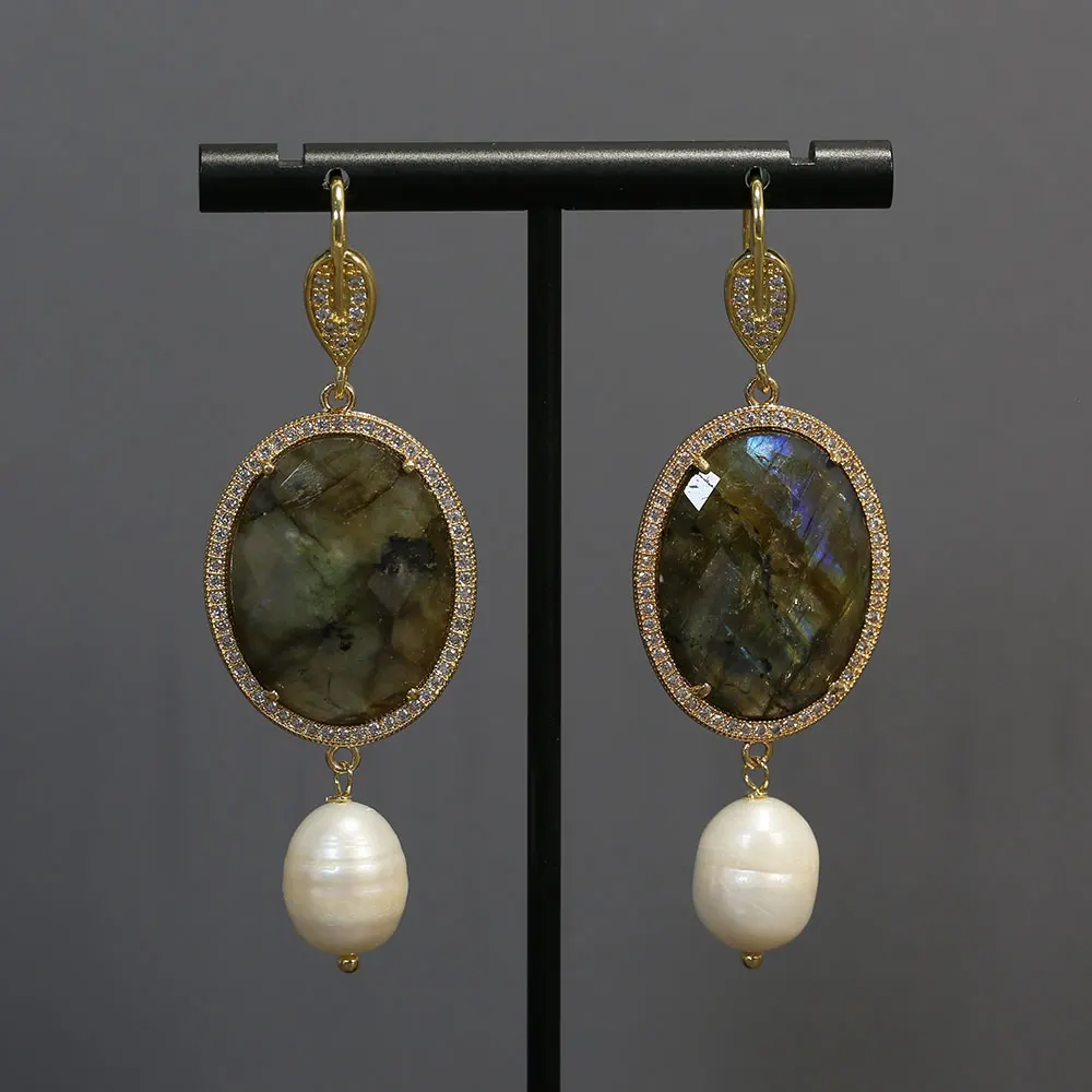 GuaiGuai Jewelry Natural Labradorite Oval Shape Cubic Zirconia CZ Paved White Rice Pearl Dangle CZ Hook Earrings For Women