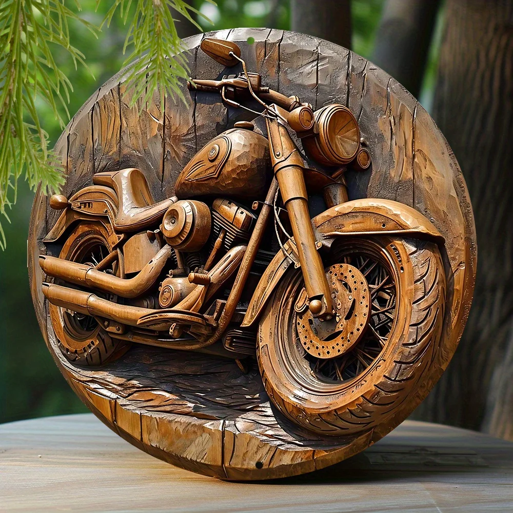 Motorcycle Themed Round Metal Sign - Faux Wooden Carved Painted Circular Wreath Sign for Entrance Decoration and Father's Gifts