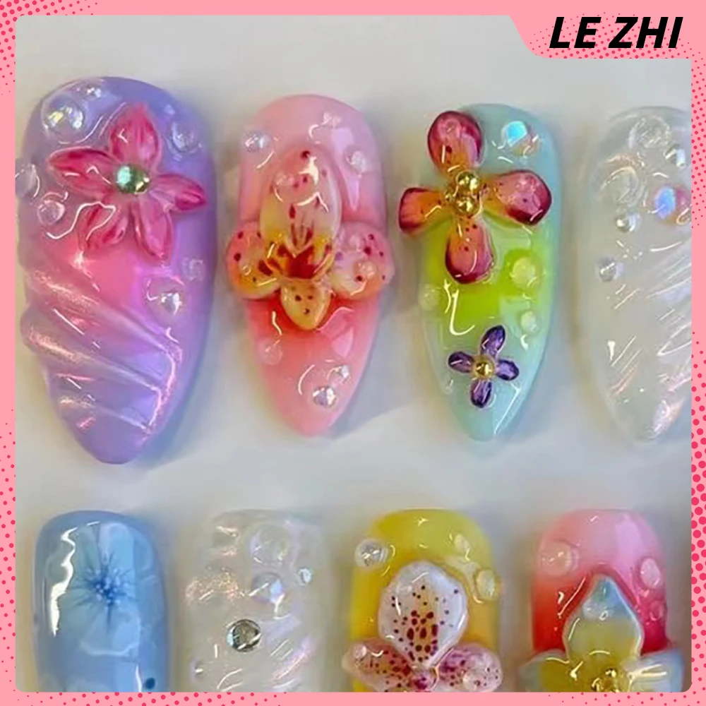 Glitter Color 3D Lily Flower Gel Press On Nails Party Sticker Handwork Medium Almond Summer Romance Fake Nails Party Sticker