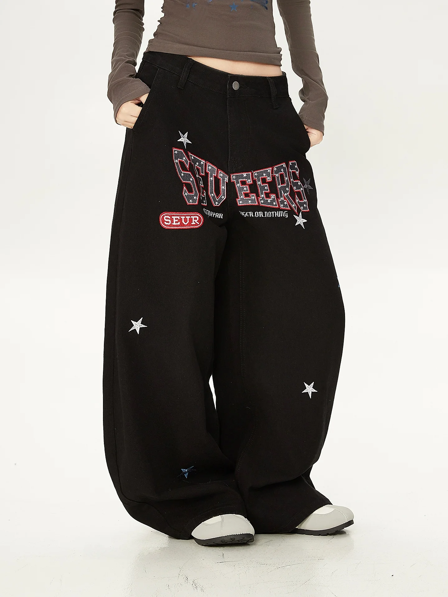 

American High Street Dance Embroidered Wide Leg Workwear Pants Women's Cool Loose Knife Pants Trendy Cotton Casual Pants