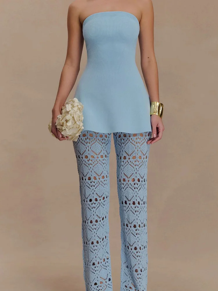 

Sexy Strapless Top and Long Pants Set New 2025 Women's Temperament Lace Party Suit Elegant Solid Color Hollow Slim Fit Outfits