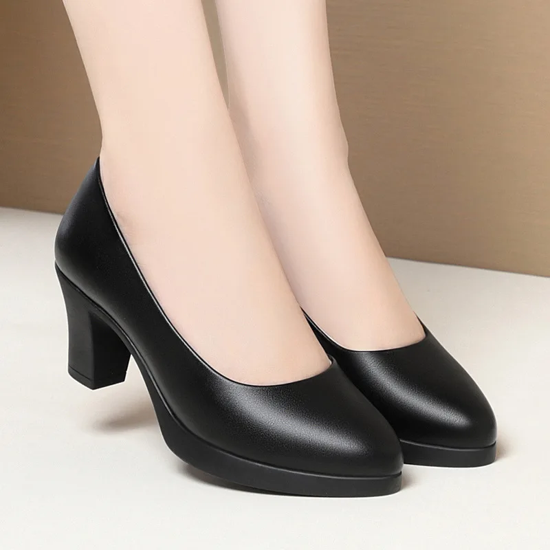 6.5cm Fashion Comfortable Shallow Mouth Soft Leather Shoes Women Pumps 2024 Fall Block High Heels Shoes for Formal Office Mom