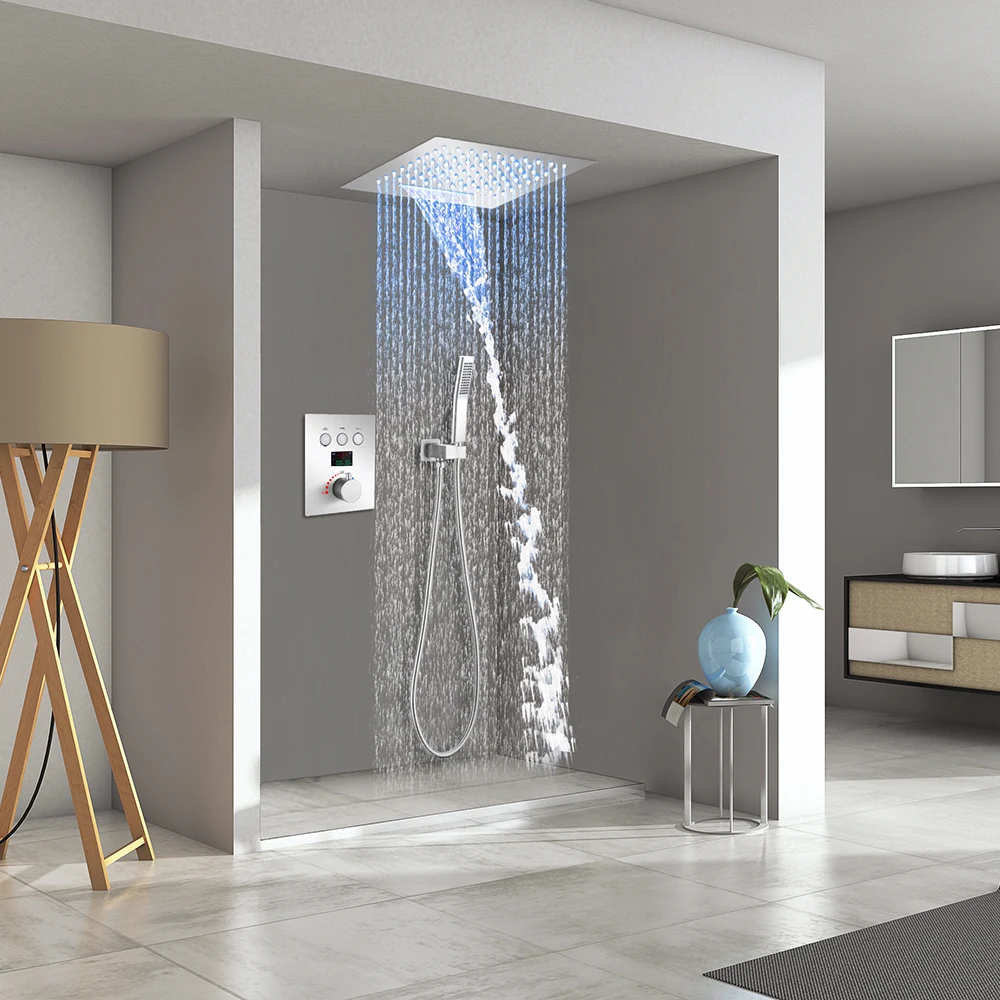 Waterfall Rain 12-Inch LED Wall Mount Shower Head Temperature Display Button Control Thermostatic Bathroom Shower Faucet Set