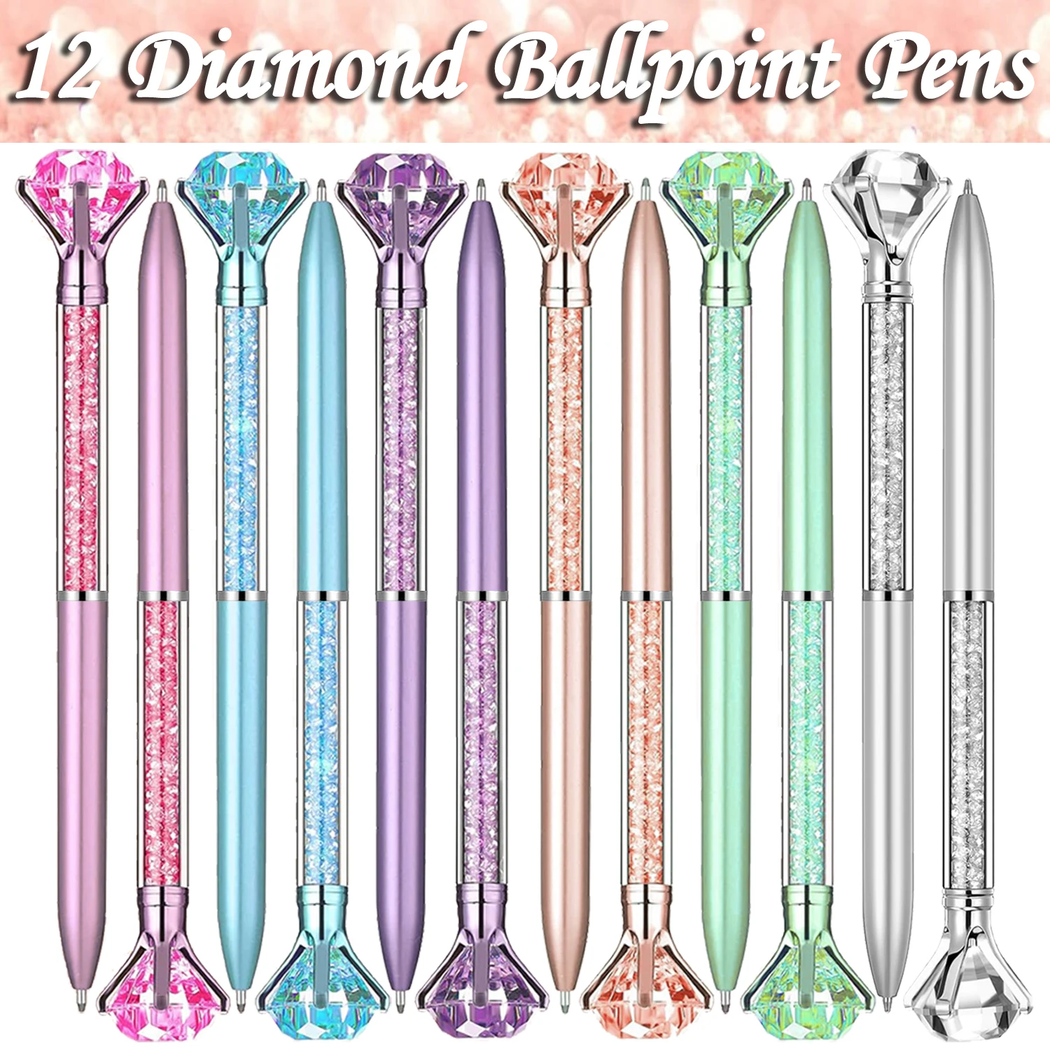 

12Pcs Diamond Pen Holiday Gift Glitter Ballpoint Pen Black Ink Pen For School Office Supplies