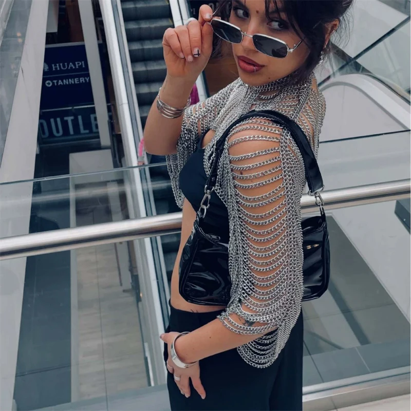 Damen-Schal-Halskette, langärmliges Shrug-Oberteil, sexy Roupas Feminina, Fransen-Körperkette, Nachtclub-Streetwear, Party-Top + Damen-Tanktop – Detail 3