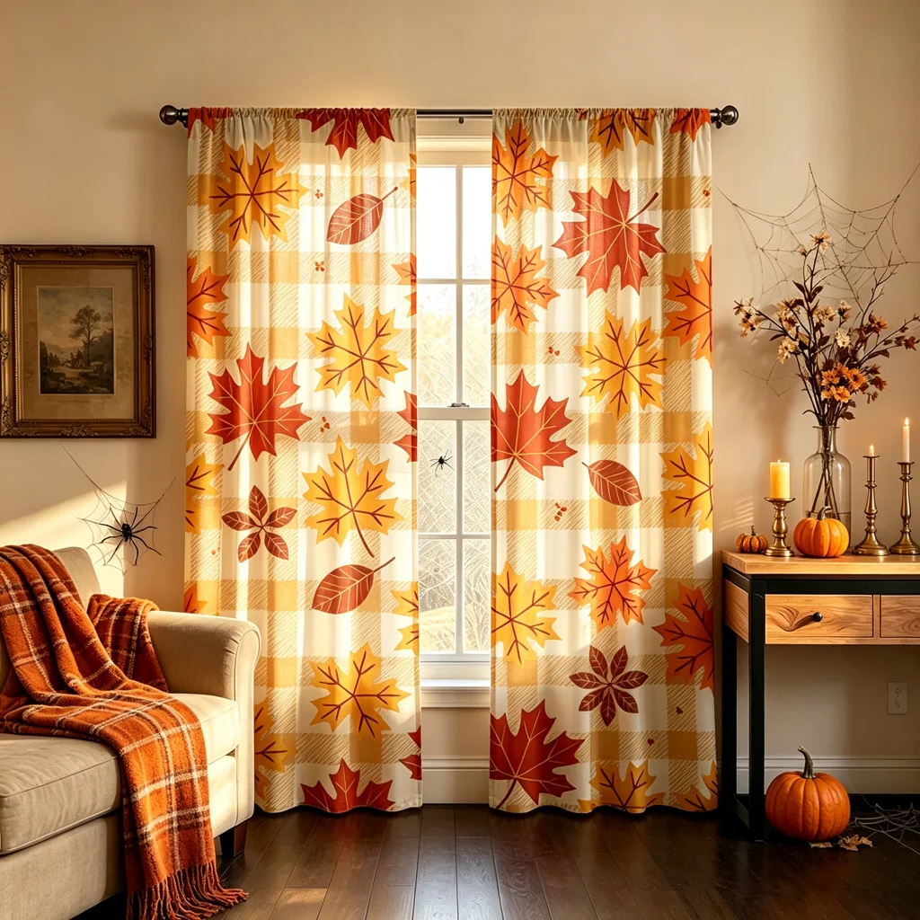 2PCS Thanksgiving Fall Curtains, Beige Plaid Maple Leaf, Digital Print, Bedroom Living Room, Rod Pocket Polyester, Home Decor