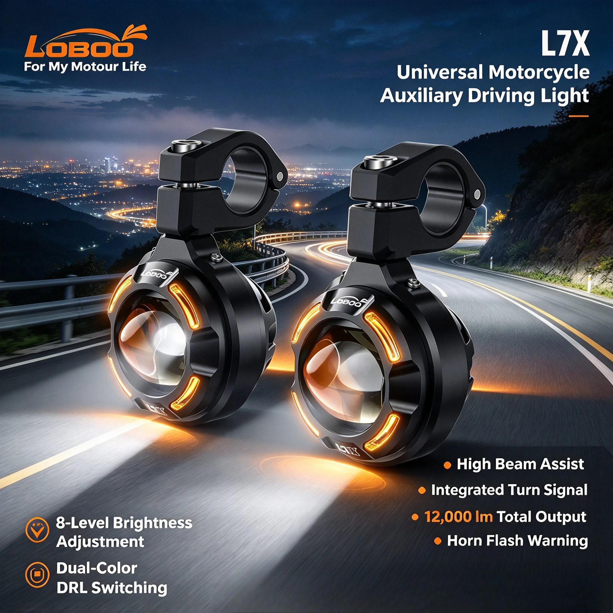 LOBOO L7X Motorcycle Spotlight Quick Detachable Ultra Bright LED Auxiliary Light Fog Light High and Low Beam Paving Street Light
