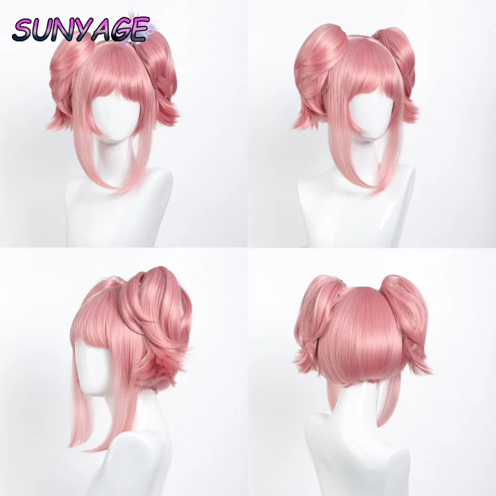 SUNYAGE Puella Magi Madoka Magica Madoka Kaname Cosplay Wig Pink Pendek 2 Klip Ekor Kuda Sintetis Tahan Panas Rambut Wig