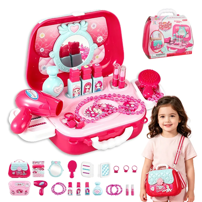 

21Pcs 2-in-1 Role Play Pretend Makeup Playset for Girls, Kids Set Toys with Suitcase, Hair Dryer, Jewellery,birthday gift