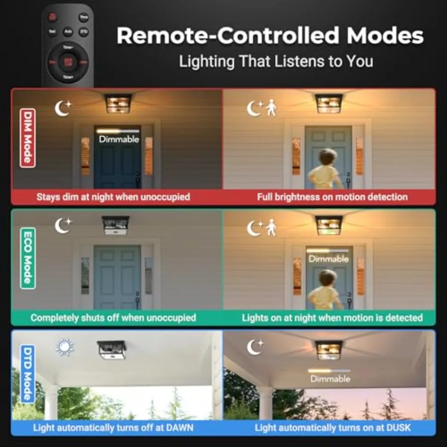 Motion Sensor Outdoor Ceiling Light with Remote Control, Adjustable Distance Time Flush Mount Porch Ceiling Light for Garage, P