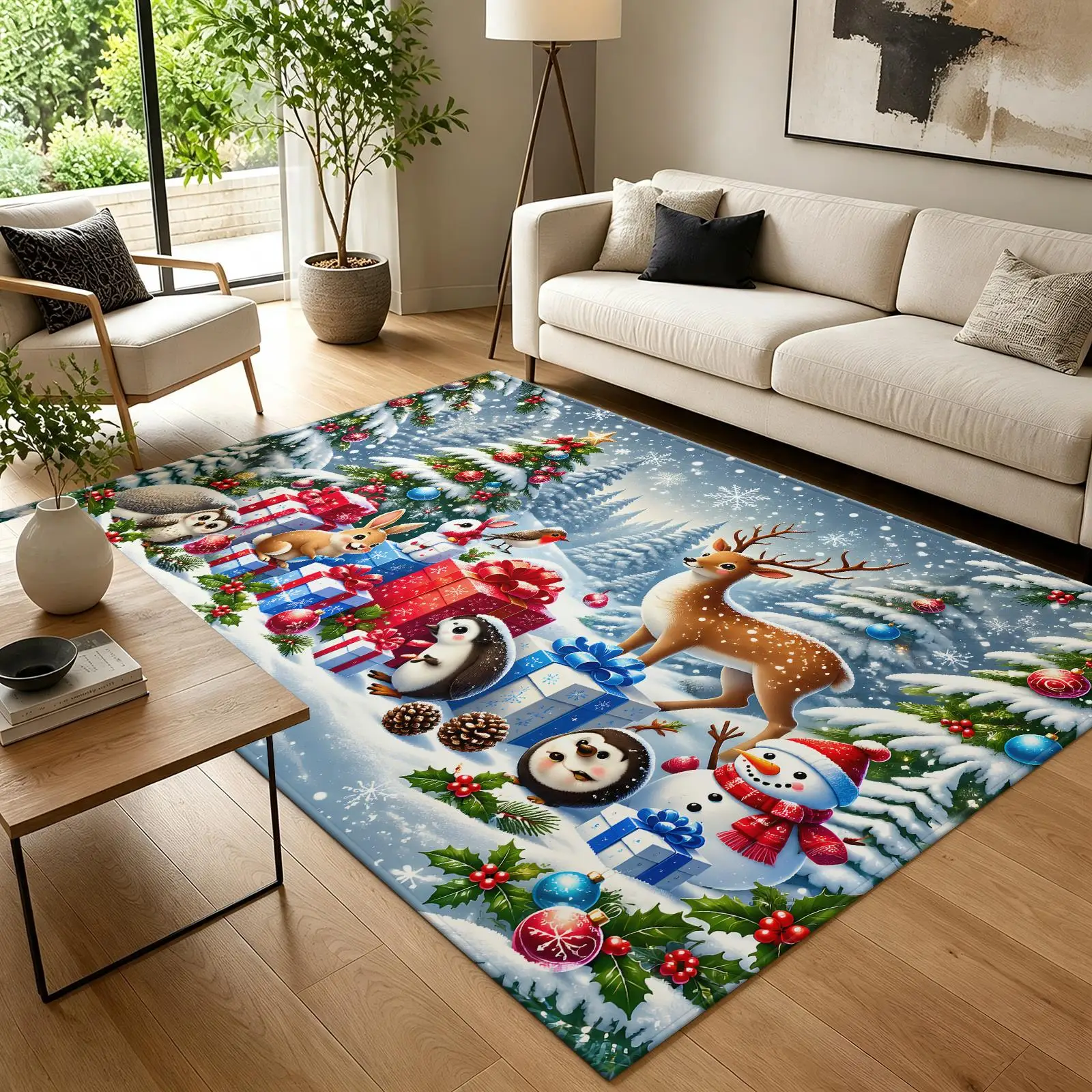 1pc 2D Flat Christmas Snowman Deer Hedgehog Gift Box Printed Floor Mat, Decorative Rug for Living Room, Bedroom, Home