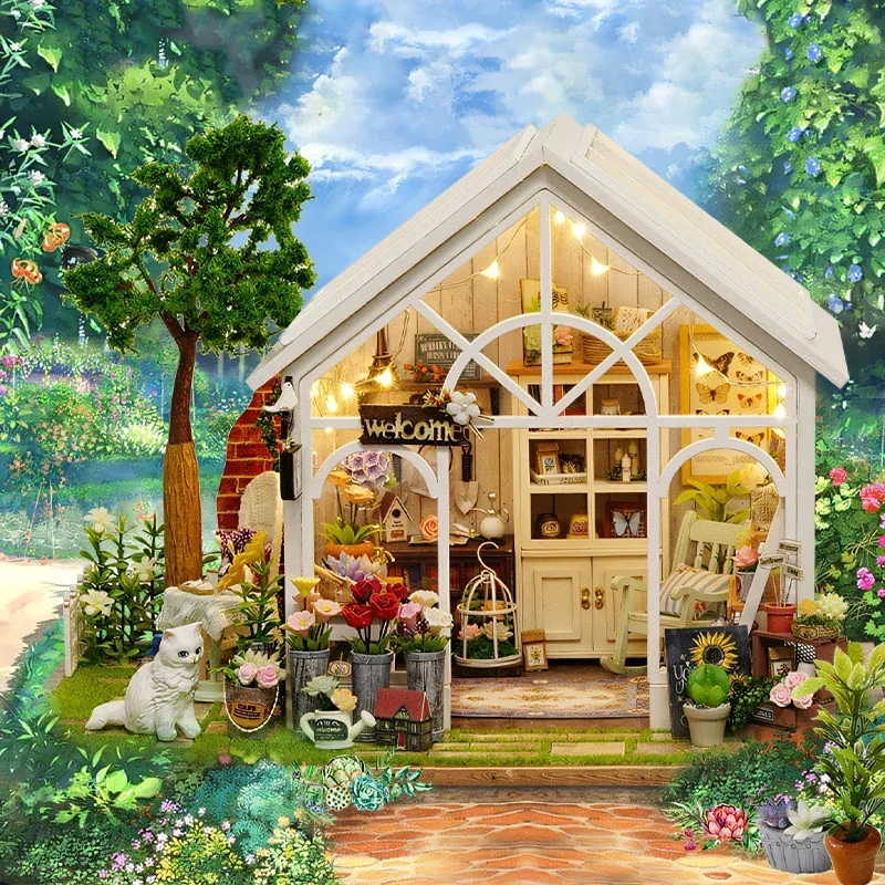 ミニチュアハウスビルディング,日曜大工,組み立てられた小屋,サンシャインの花,中庭,ミニ,小さなシーンモデル,誕生日プレゼント