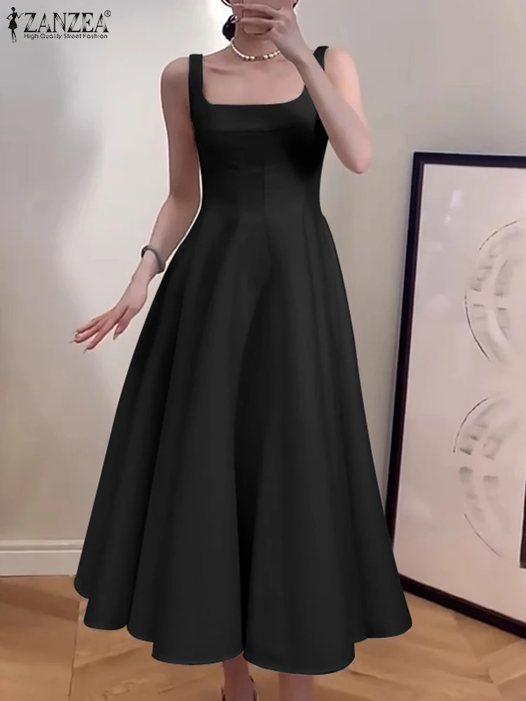 ZANZEA Damska sukienka bez rękawów Vintage Solid A-line Dresses 2024 Summer Holiday Waisted Robe Casual Square Collar Midi Robe