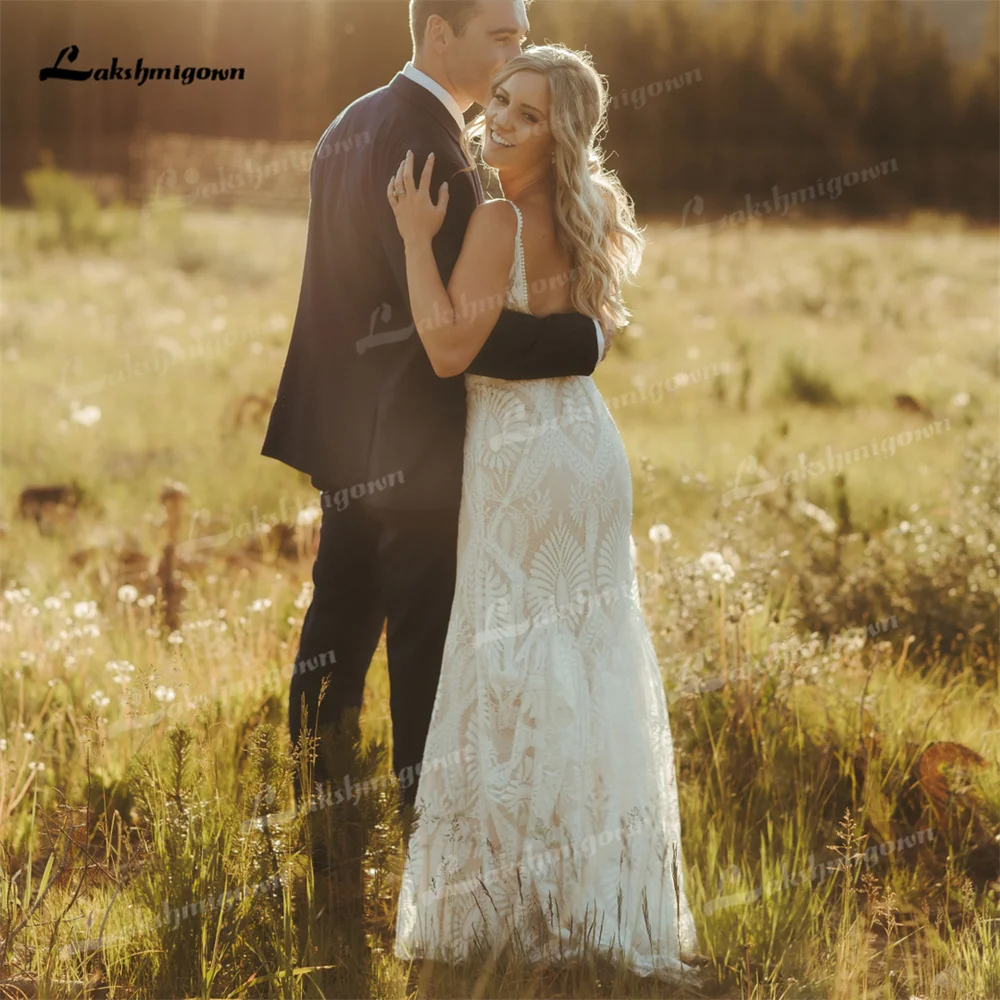 Bainha boho vestido de casamento personalizar clássico decote em v sexy cintas de espaguete sem costas nova chegada vestidos de noiva novia