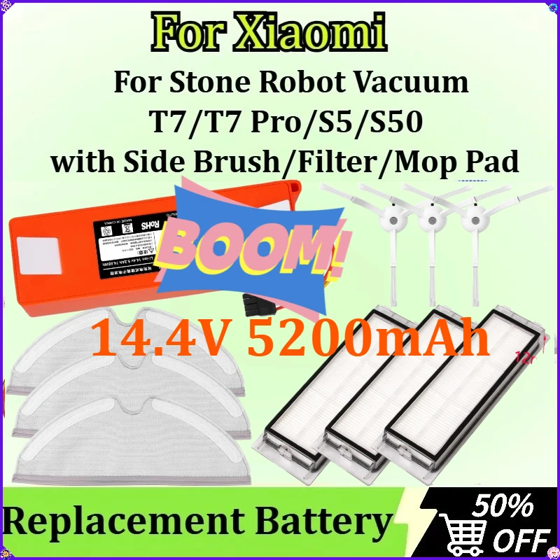 

For Xiaomi Stone Robot Vacuum T7/T7 Pro/S5/S50 Replacement Battery 14.4V 5200mAh with Side Brush/Filter/Mop Pad Accessory