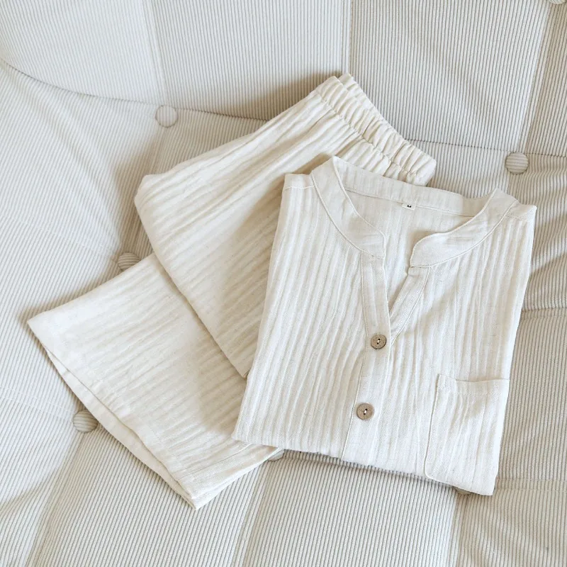 2026 Spring/Summer New Women's Pajama Set 100% Cotton Hemp Seven Sleeve+Pants Simple Large Home Furnishing Clothing