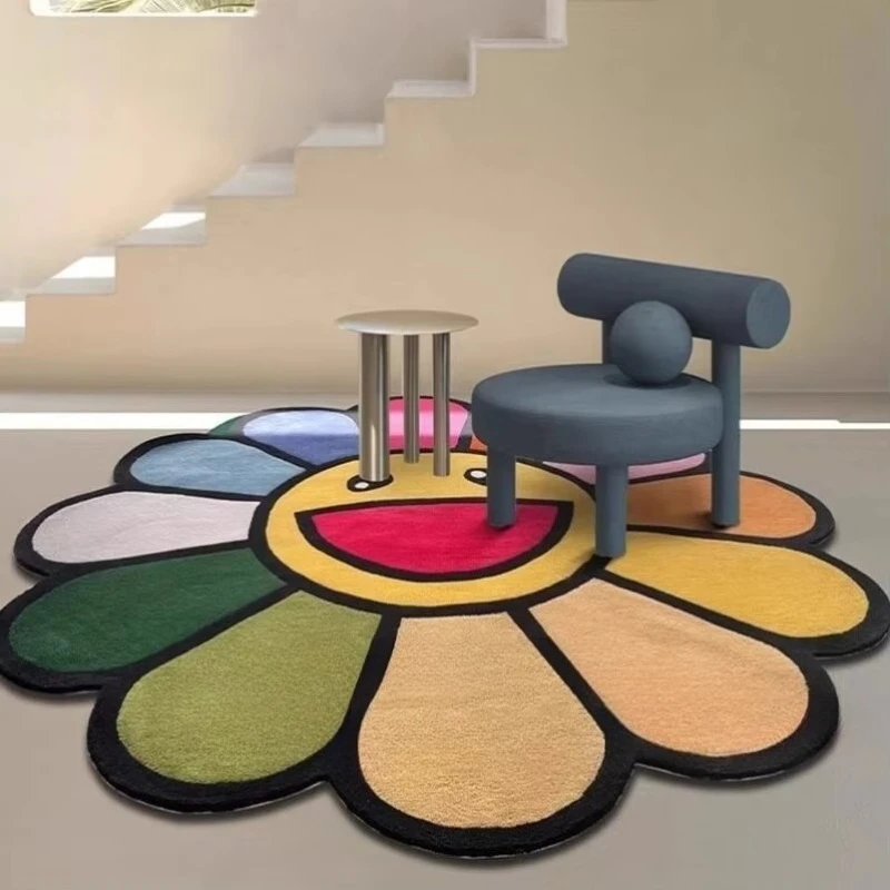 Sunflower Round Rug, High Aesthetic Dopamine Color Sofa Coffee Table Floor Mat, Irregular Home Decor Carpet
