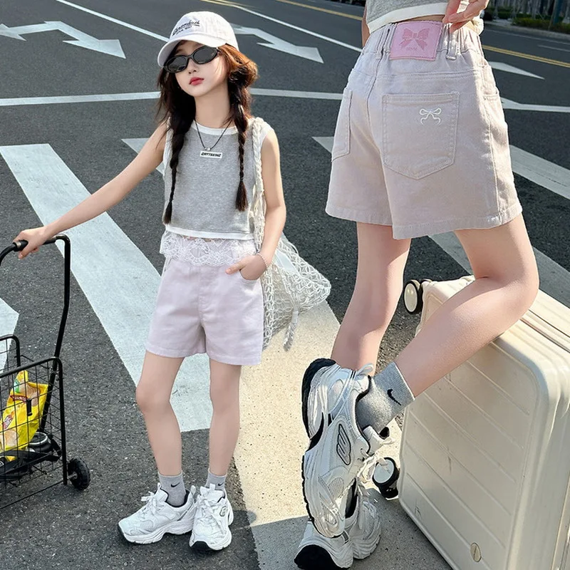 Children Casual Denim Shorts with Bow Embroidery For Girls Elegant Above Knee Pants Mini Jeans Kids Teenager Brief Summer Shorts