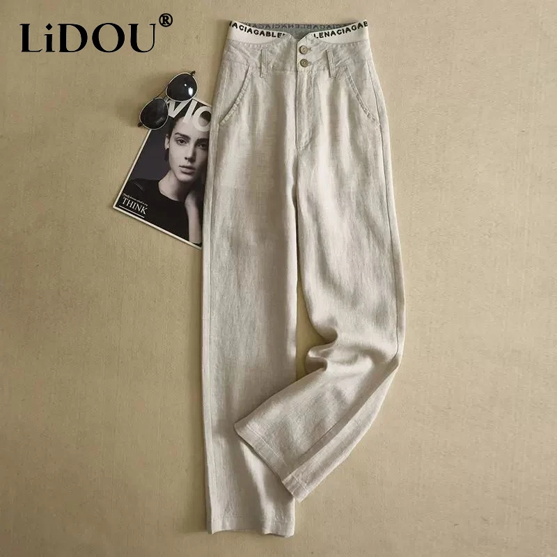 

2023 Summer New High Waist Solid Color All-match Wide Leg Trousers Women Fashion Cotton Zipper Pocket Loose Wide Leg Trousers