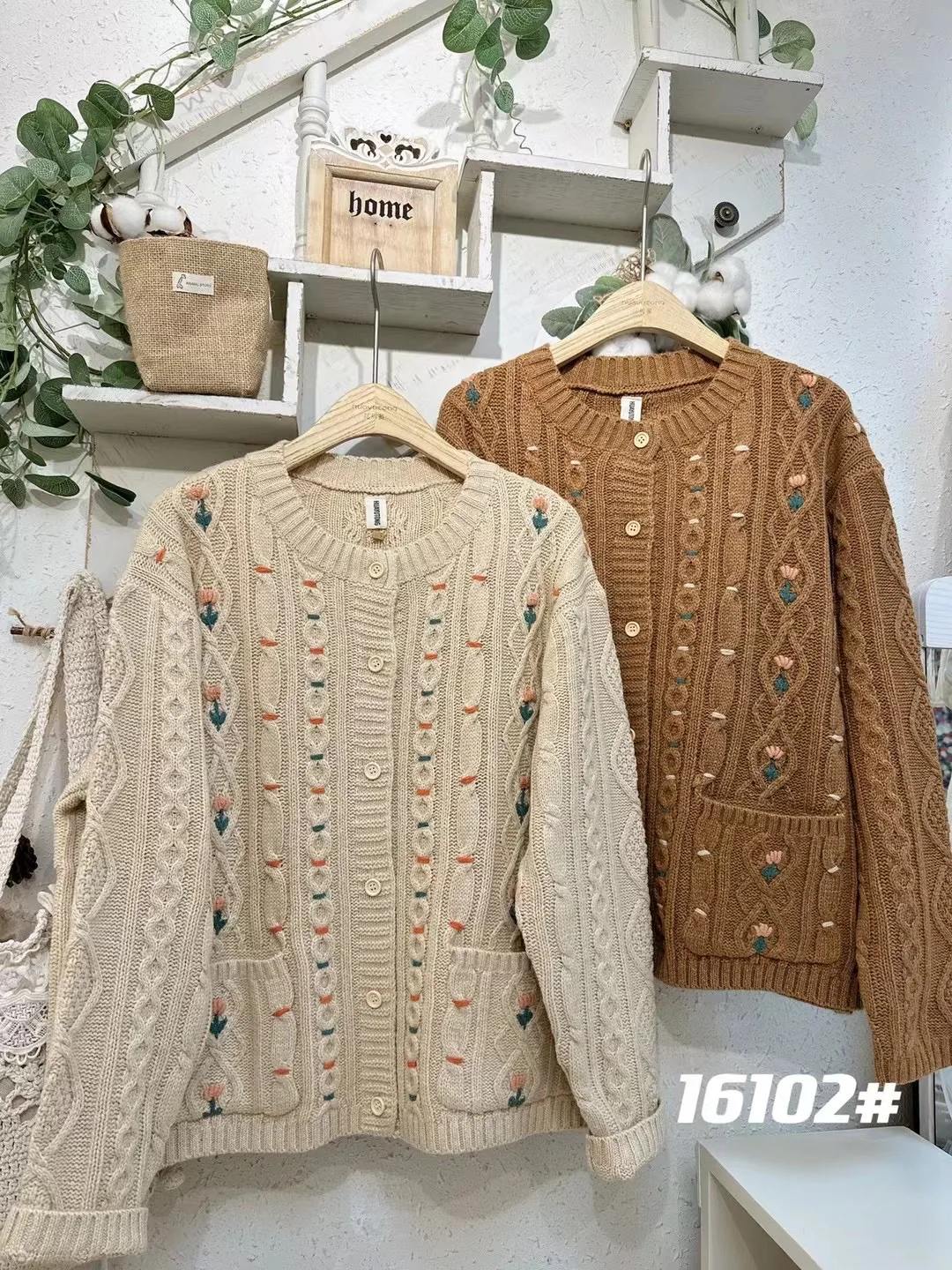 

Autumn Winter Handmade Crochet Flower round Neck Open Cardigan Loose Women's Knitted Jacket Sweet Style Pocket Design