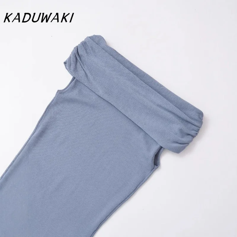 KADUWAKI Donne Eleganti Blu Grigio Sexy Spalle Scoperte Tinta Unita Maglia Abito Manica Corta Aderente Abito Midi Abiti aderenti فساتleti...!........