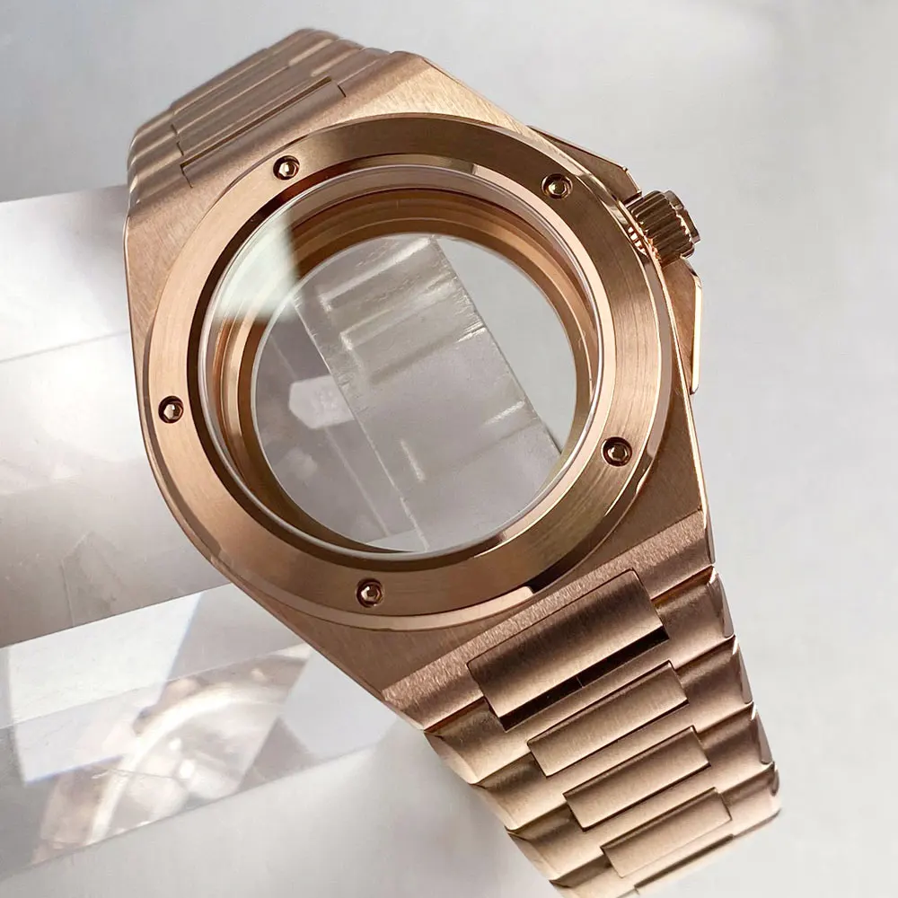 

New Rose Gold 40mm Watch case sapphire glass for NH35 NH36 PT5000 ST2130 Dive Men's wristwatch Accessories Parts Steel Bracelet