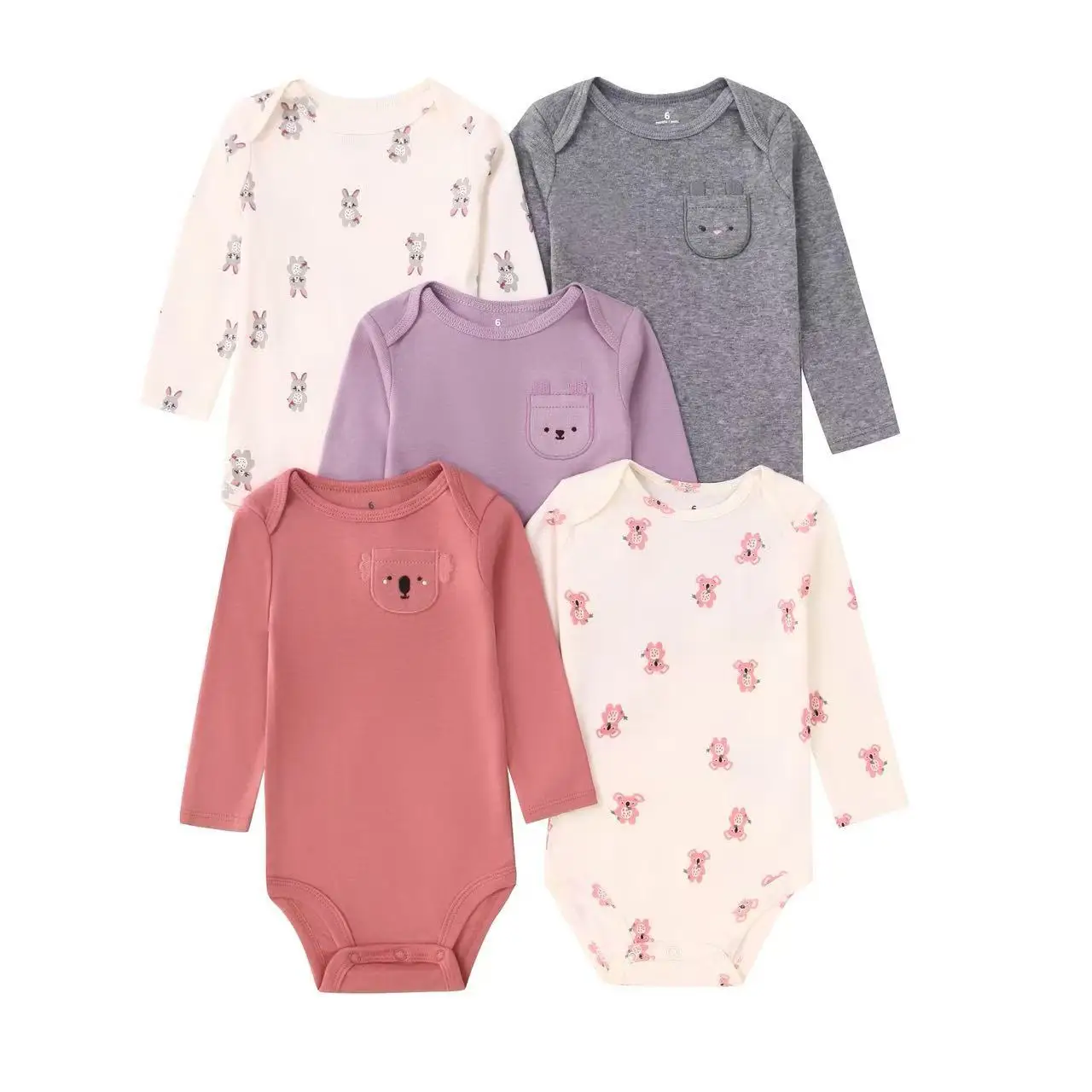 4/5‑Pack Newborn Baby Girls Clothing 100% Soft‑Cotton Long‑Sleeve Cartoon Bodysuits Printed Romper Set 0‑2 Years Infant Outfit
