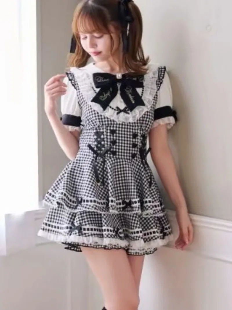 Kawaii Black White Gothic Lolita Dress Puff Short Sleeve Tiered Suspender Skirt Lace Bow Sweet Girly Jirai Kei Costume view 3