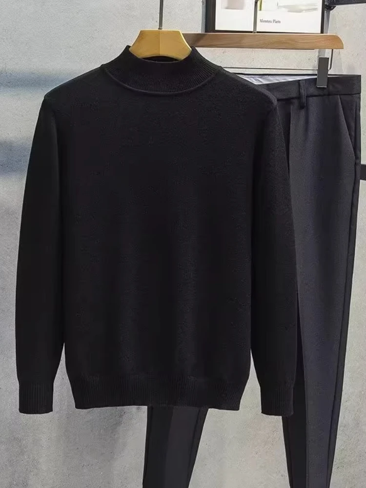 Men's Fall Winter Semi-High Neck Knit Sweater Dark Gray Solid Slim Fit Base Layer Warm Stretchy Casual Pullover Knit Sweater