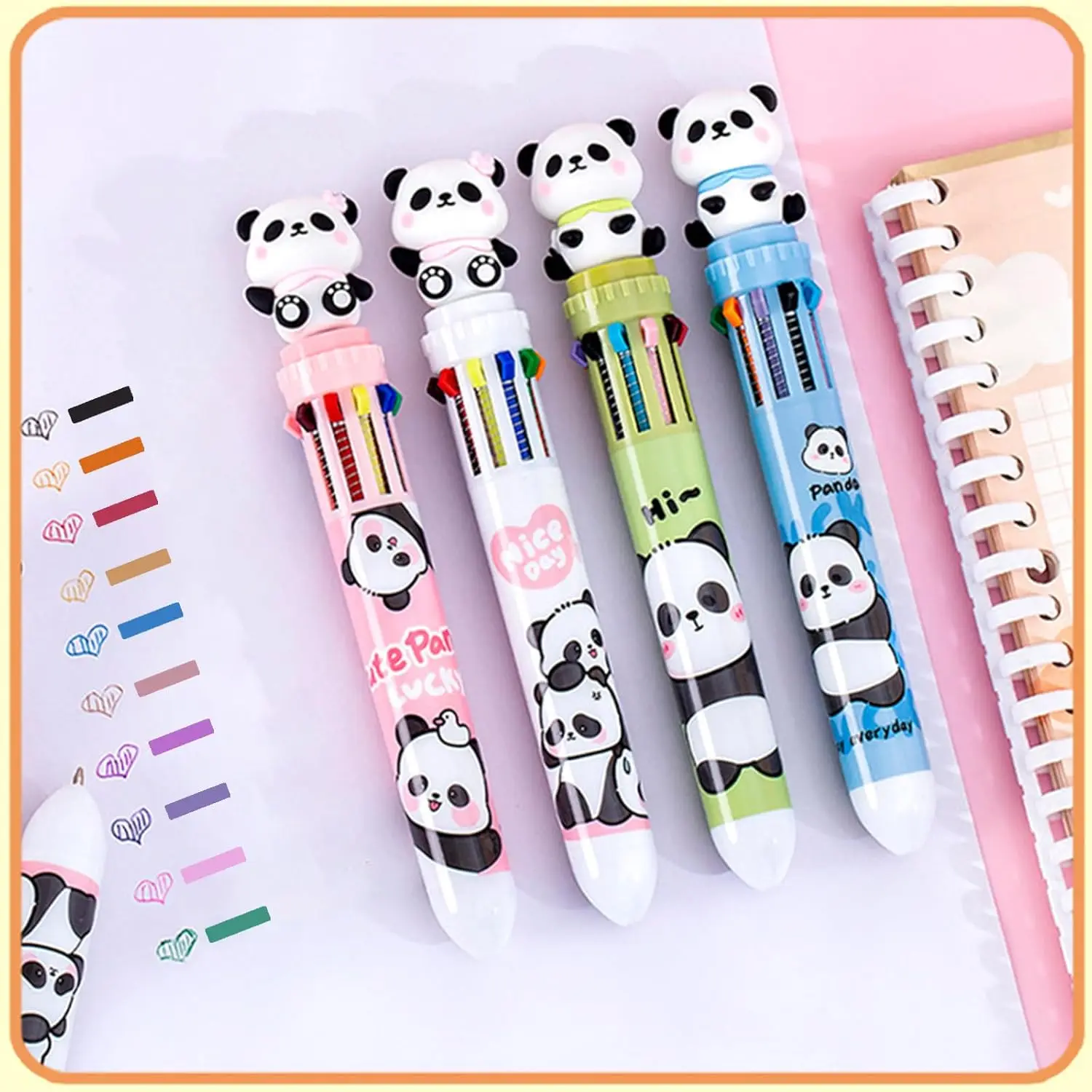 12 Pcs Cute Panda Pens, 0.5mm 10 Colors Retractable Ballpoint Pens, Cartoon Panda Writing Supplies