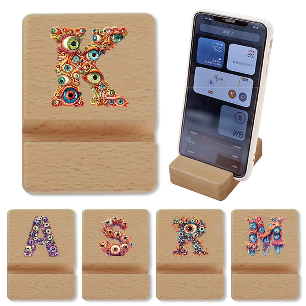 

Portable Smartphone Stand Wooden Desktop Phone Holder Eyelets Initial Name 26 Letters Pattern