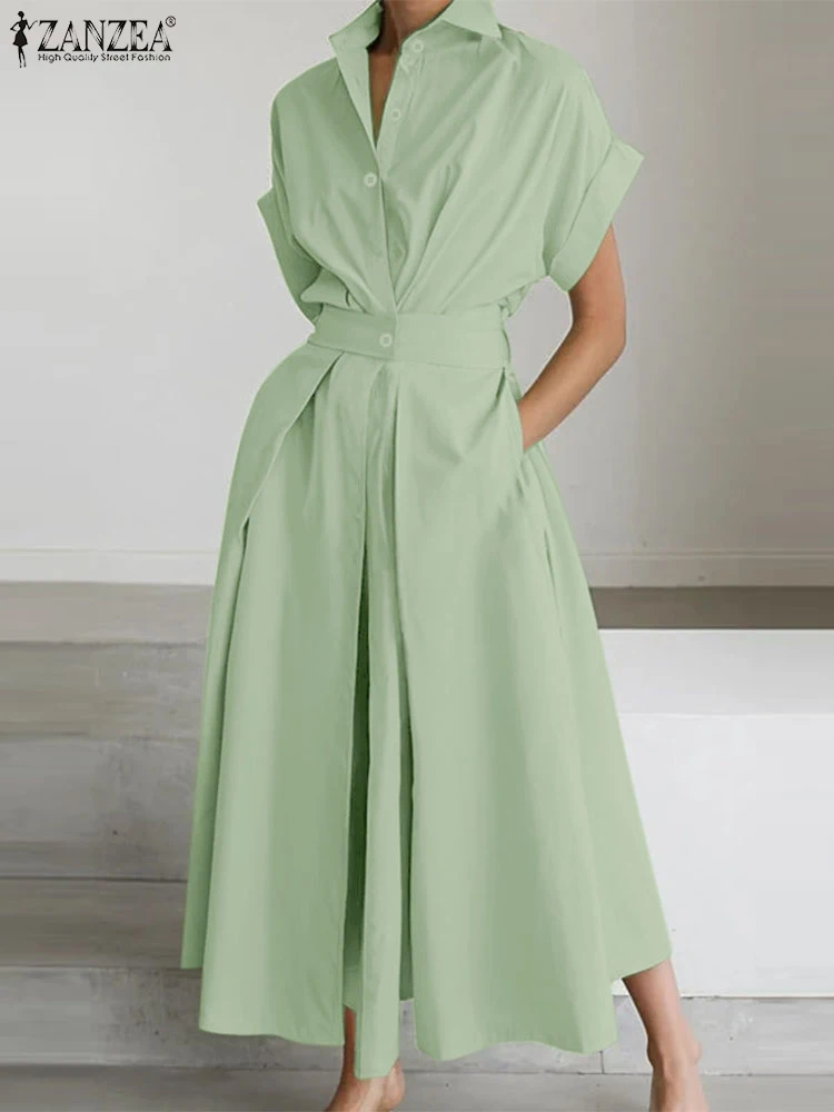 ZANZEA Frauen Sommer OL Arbeit Kleid Elegante Kurzarm Büro Sommerkleid Casual Solide EINE Linie Tasten Urlaub Vestidos Kaftan Robe