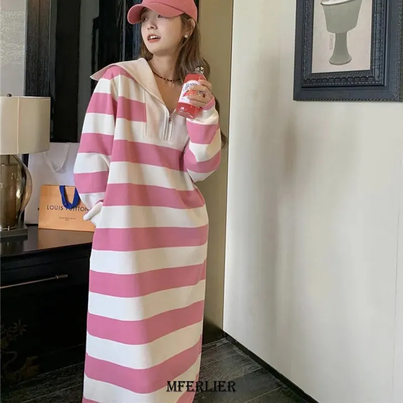 

Plus Size 5XL 150KG Women Loose Striped Dress Casual Autumn Large Long Dresses Sailor Collar Maxi Dresses