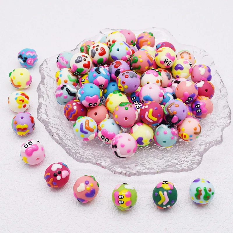 16mm 5pcs/bag Acrylic Beads Fashion Hand Drawn Cartoon Painting Loose Beaded DIY Handmade DIY Bracelets Mobile phone chain