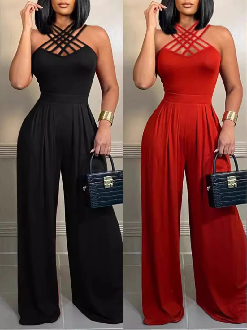 Damen-Overall mit weitem Bein, Schultergurt, gekreuzt, Street Sle, lange Hose, Polyesterstoff, aushöhlen, mittlere Taille, Sommer