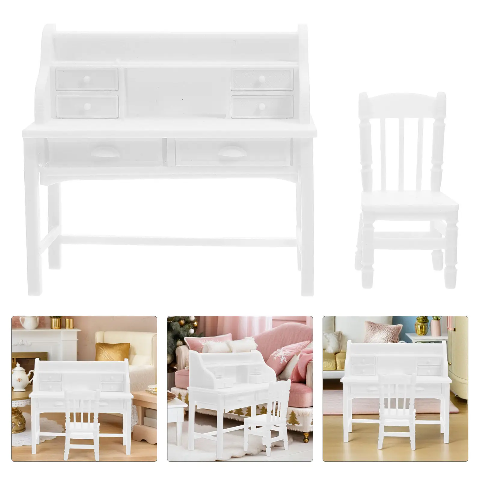 2Sets Miniature Dollhouse Desk and Chair Open Drawers Creative Role Play Children's Furniture Home School Travel