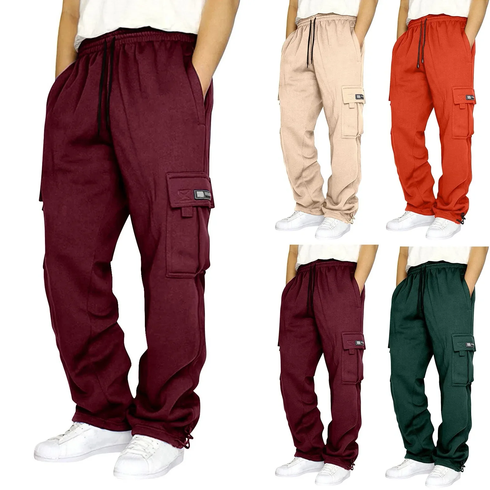 Pantalones de chándal de lana para hombre, peto informal holgado de pierna recta con múltiples bolsillos, pantalones gruesos de Color sólido, Otoño e Invierno