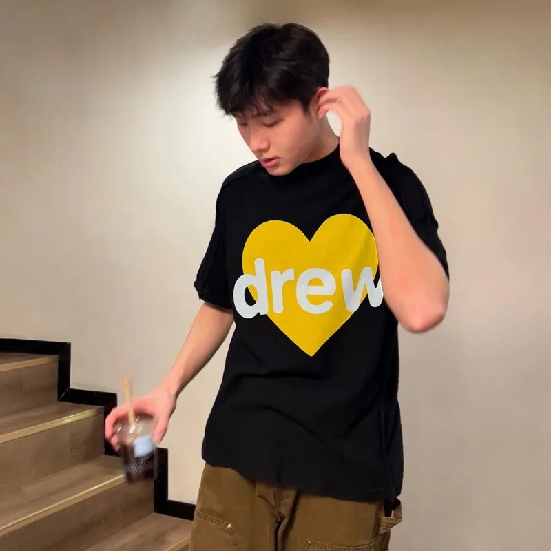 درو هاوس جودة عالية وصول جديد القلب مبتسم الصيف 100% القطن فضفاضة تناسب الرجال زوجين قصيرة الأكمام تي شيرت الإضافية #3