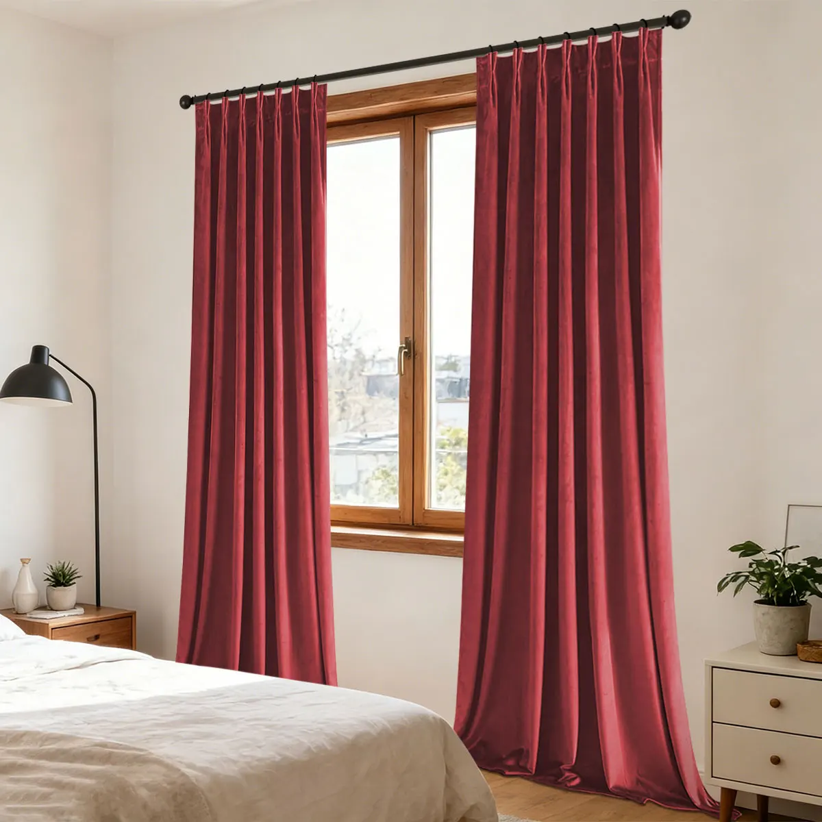 Burgundy Velvet Pinch Pleat Curtains, Heavy Soft Velvet Drapes for Living Room Wedding Farmhouse Decor
