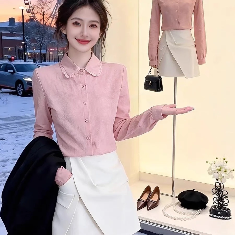 Korean Style Ruffle Collar Loose Long Sleeve Women's Shirt Spring Autumn New Style Purple Button Cardigan Anti-Aging Premium ...