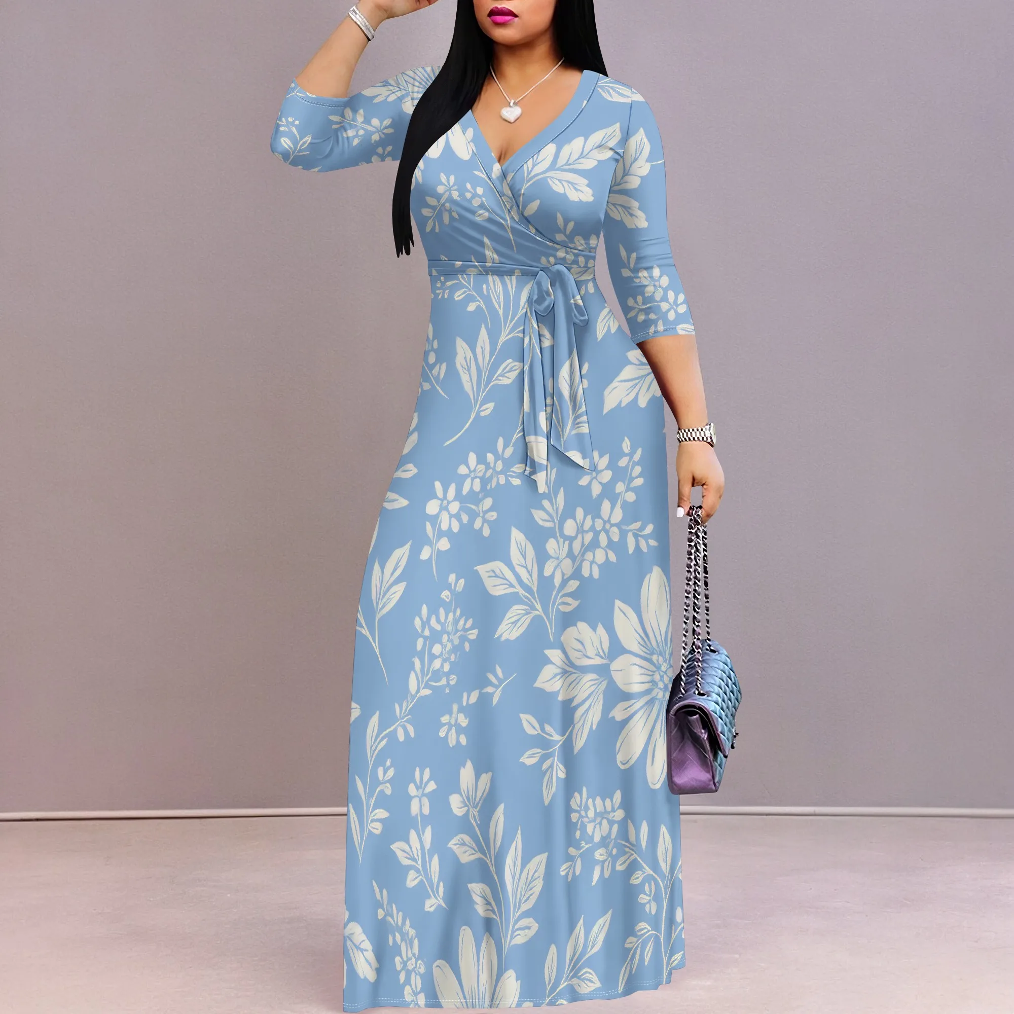 Damen-Maxikleider mit langen Ärmeln, V-Ausschnitt, fließendes Party-Hochzeitsgastkleid mit Gürtel