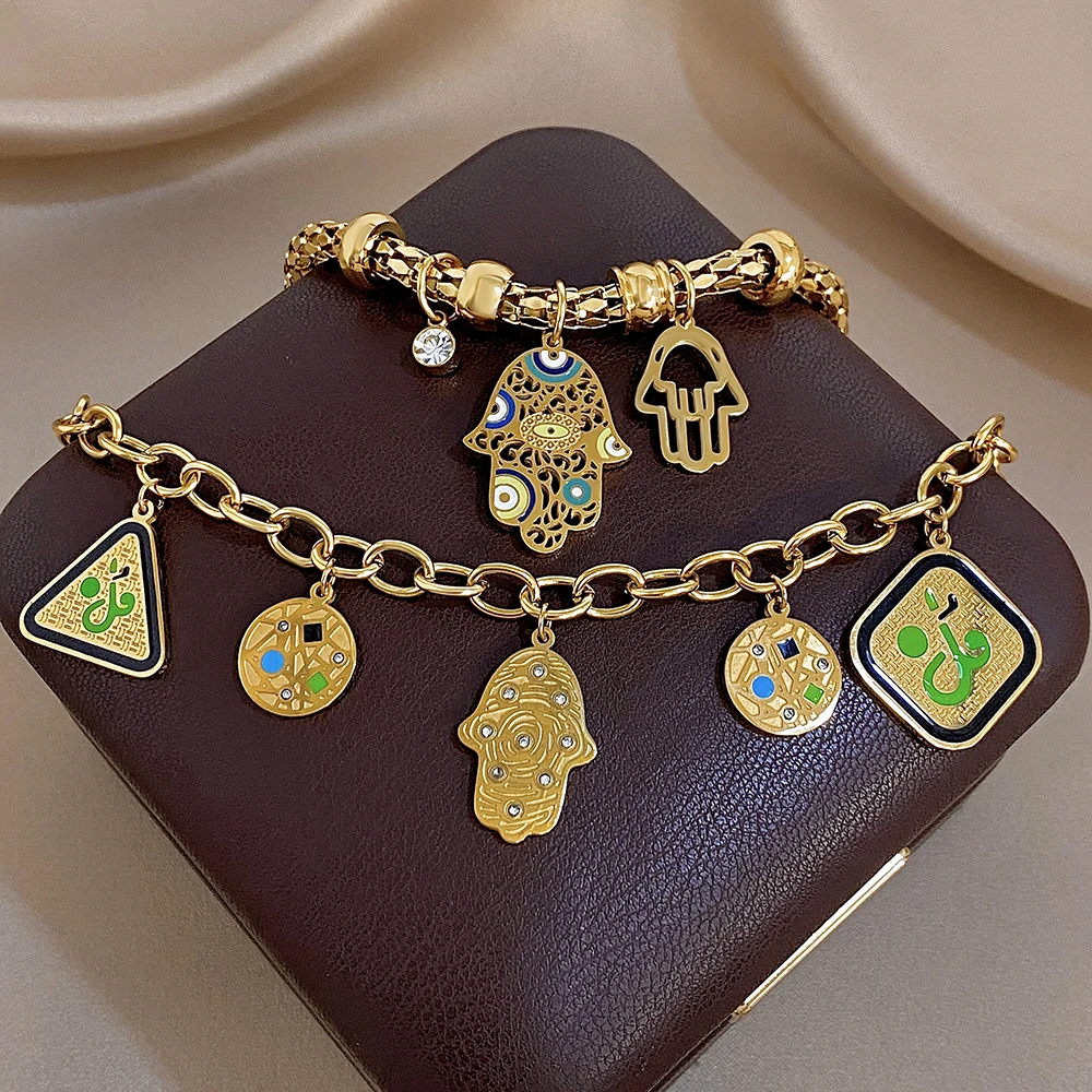Retro Religious Ethnic Hamsa Hand Bracelet Stainless Steel Gold Plated Hollow Out Evil Eye Enamel Charm Bracelet For Women Gift