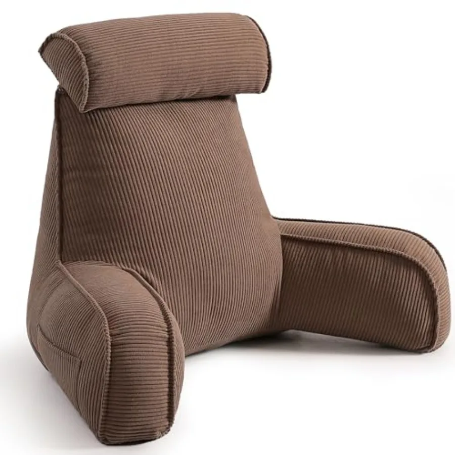 

Reading Pillow for Sitting Up, Backrest Pillow with Arms, Corduroy Back Support Cushion with Side Pockets and Washable Cover, B