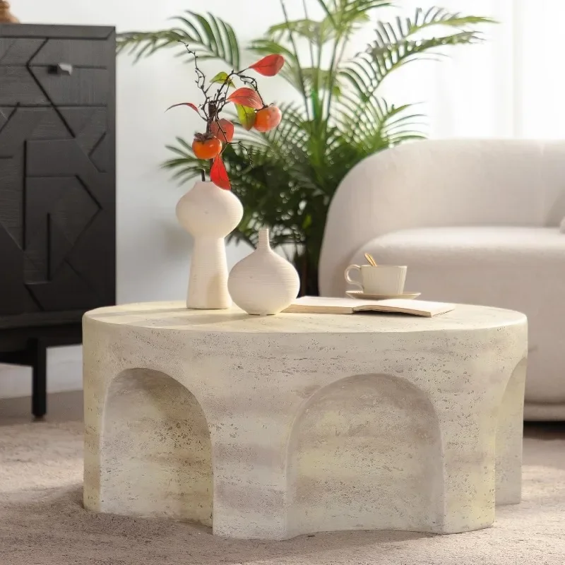 WILLIAMSPACE Round Coffee Table with Unique Arched Cutout Base, Modern Faux Stone Center Table Drum Coffee Tea Table
