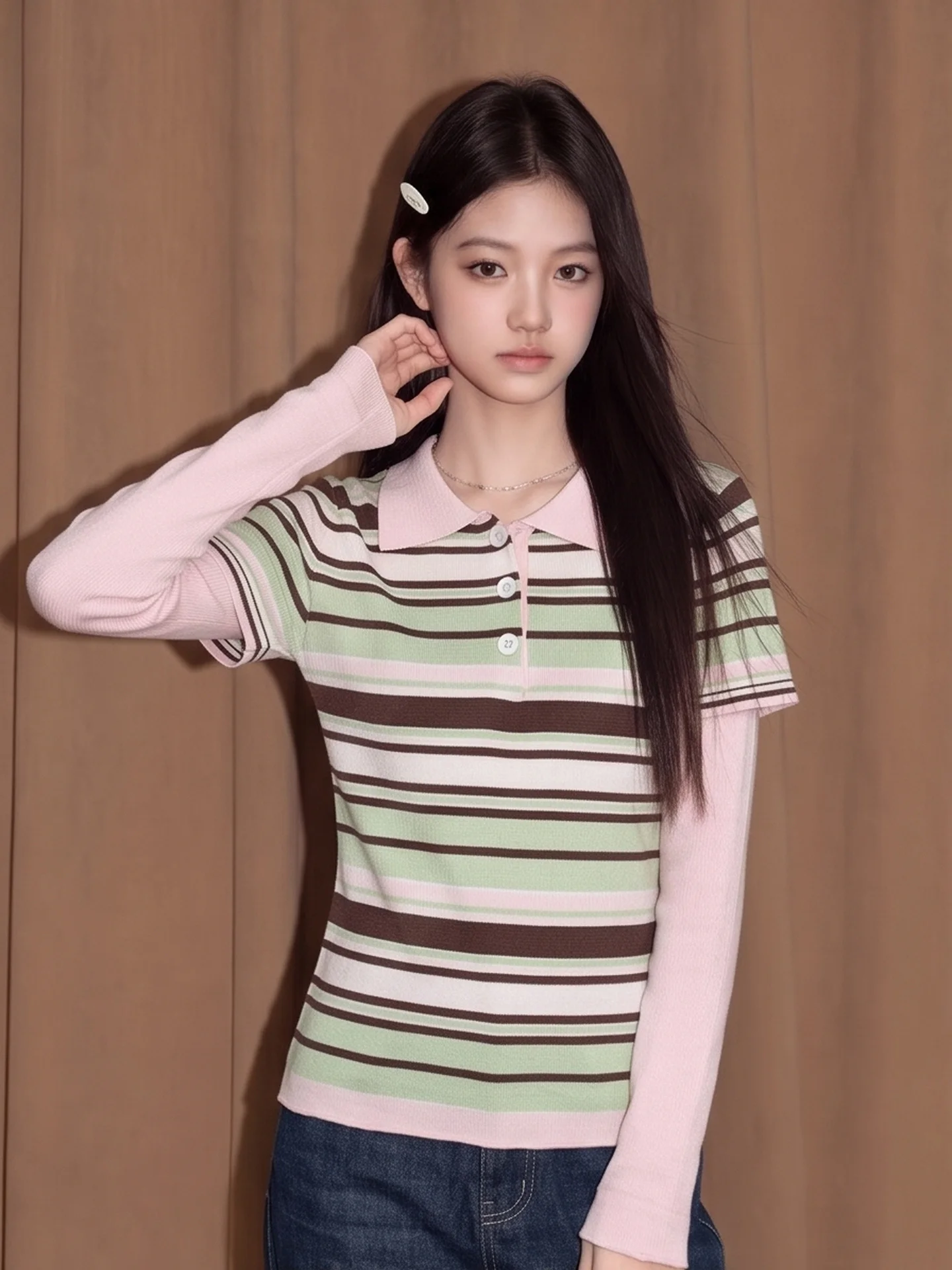 Dopamine Color Block Striped Turn-down Collar Knitted Sweater Women's Early Autumn Fake Two-piece Long Sleeve Slimming Base Top
