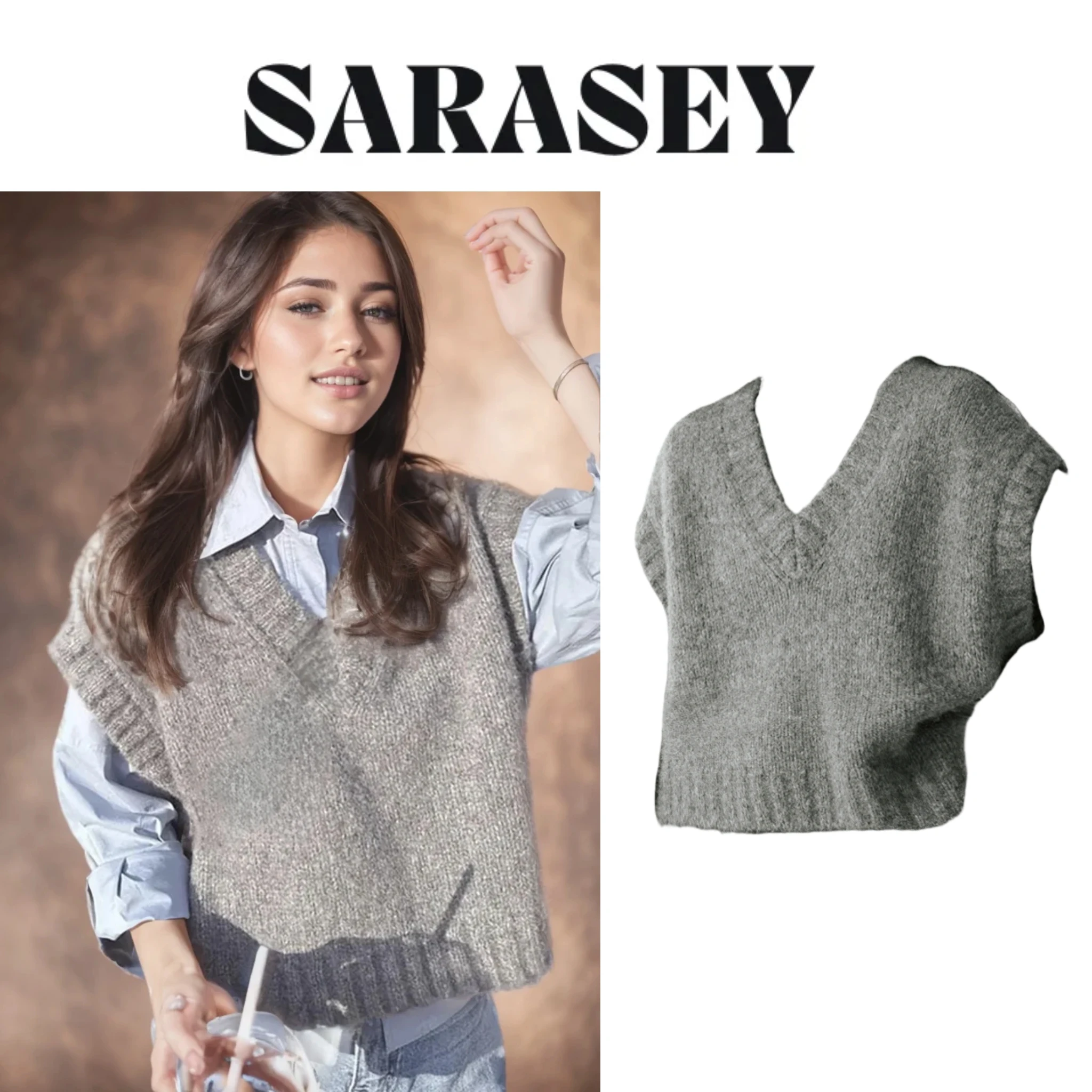

2025 Female Grey Sleeveless Vest Knitted Women Autumn and Winter Korean Sweet Style Outerwear Sweater V neck Casual Knitted Vest