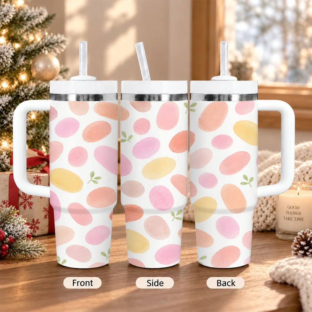 Pastel Watercolor Spot Leaf Pattern 40oz Tumbler with Handle Straw Stainless Steel Insulated Travel Mug Water Cup Vacuum Flasks